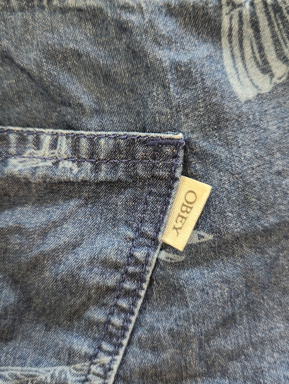 Obey Indigo Denim Bird-Print Women's Shorts Size 26 - Picture 9 of 9